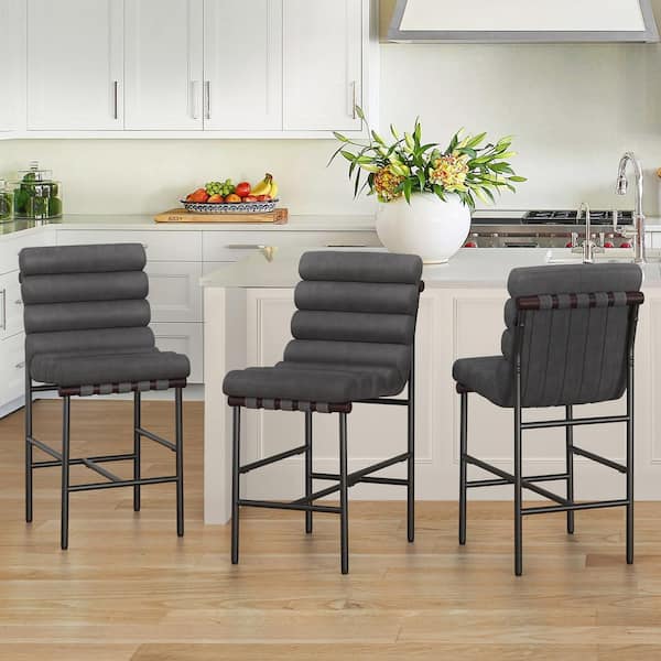 OrangeOne 26 in. Black Faux Leather Upholstered Counter Height Bar Stool Metal Legs Counter Stools w/ Wave Back&Cushion (Set of 3)