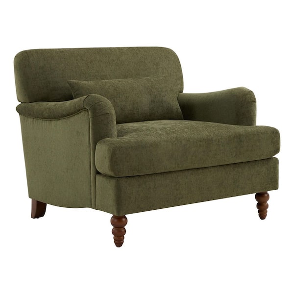 Green Chenille Upholstered Accent Arm Chair with Lumbar Pillow and Classic Turned Wood Legs