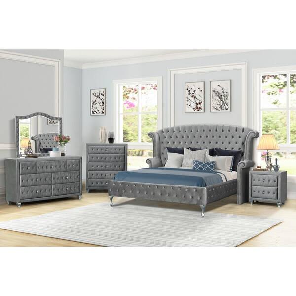 Best Master Furniture Bel Air 5 Piece Gray Velvet King Bedroom Set B1981gek5 5 Piece Gray Velvet King Bedroom Set, Velvet King Bedroom Set