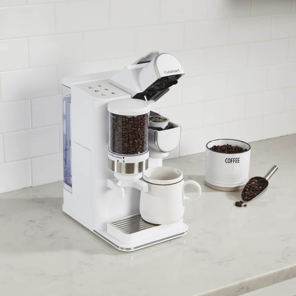 White Single-Serve Coffee Maker with Conical Burr Grinder