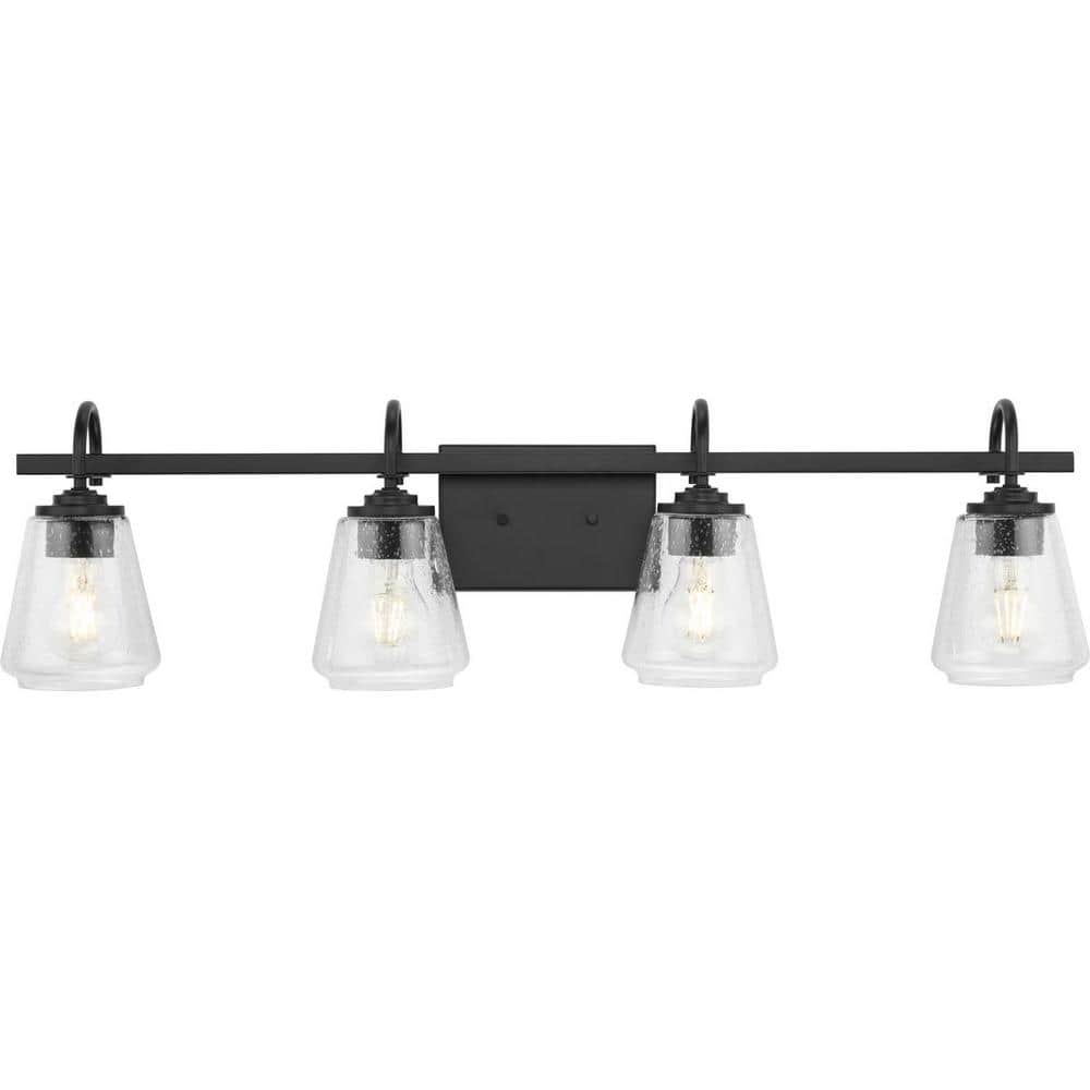 Martenne 32" Matte Black and Seeded Glass 4-Light Vanity Fixture
