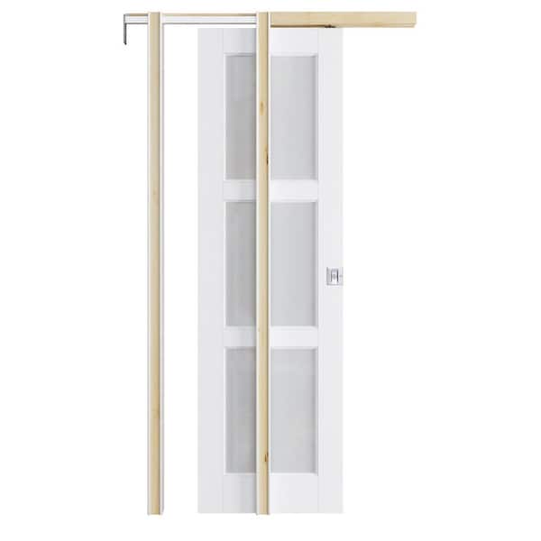 ARK DESIGN 24 in. x 80 in. 3-Lite Glass White Primed Wood Sliding Pocket Door with Hardware Kit (Soft Close and Silver Lock Incl)