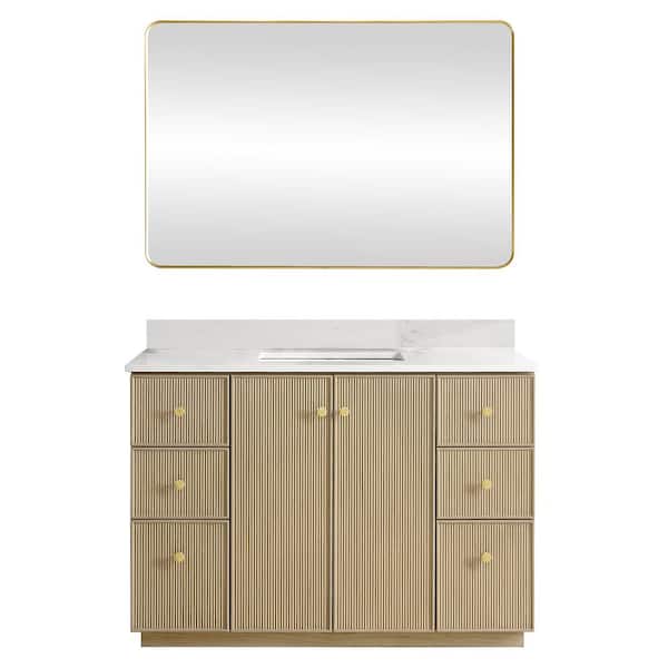 ROSWELL Oza 48 in.W x 22 in.D x 33.9 in.H Single Sink Bath Vanity in Natural Oak with White Qt. Stone Top and Mirror