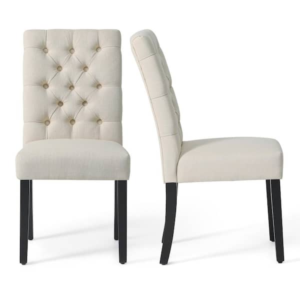 NINA Button Tufted Back Beige Linen Upholstered Dining Side Chair (Set of 2)