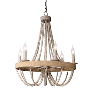 Farmhouse 6-Light Distressed White Wood Beaded Bohemia Chandelier with Adjustable Chain