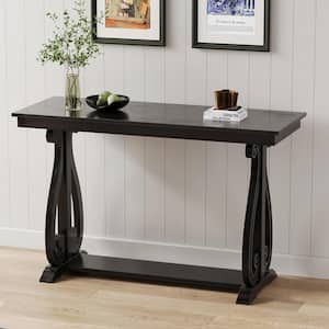 Vintage 48 in. Black Rectangle Wood Console Table with Unique Legs and Open Shelf