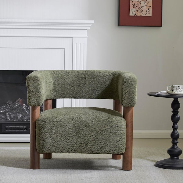 Olive Green Boucle Upholstered Arm Chair with Solid Rubber Wood Frame