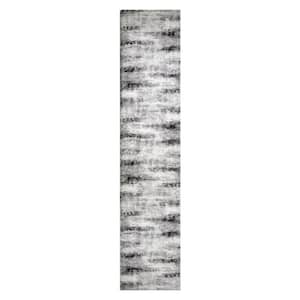 Zielle Soft Shag Painterly Watercolor Gray 2 ft. x 10 ft. Abstract Polypropylene Runner Area Rug