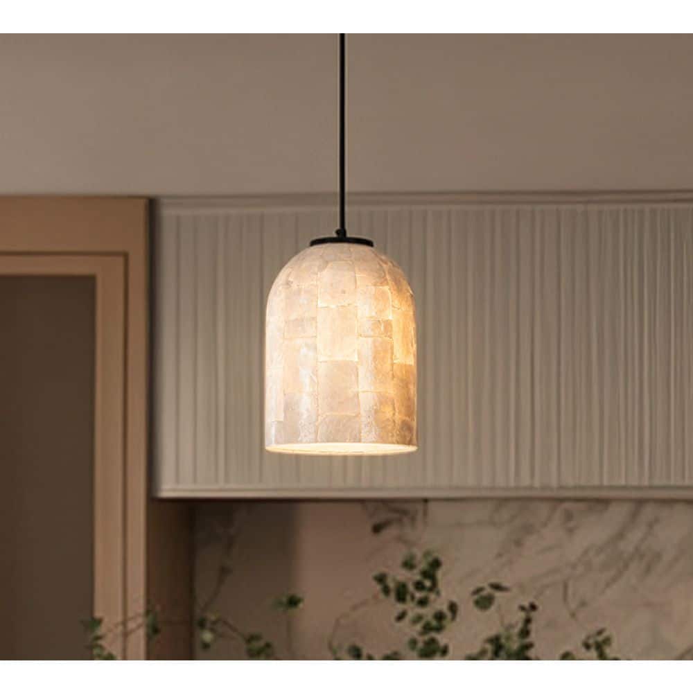 1-Light W7 in. Modern Farmhouse White Natural Capiz Seashell Single Pendant