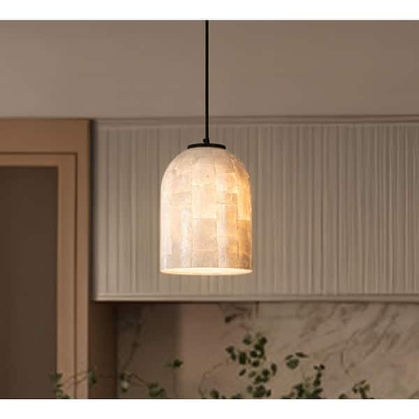 1-Light W7 in. Modern Farmhouse White Natural Capiz Seashell Single Pendant Light Coastal Cylinder Hanging Light
