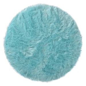 Sheepskin Faux Furry Light Blue Cozy Rugs 4 ft. x 4 ft. Round Area Rug