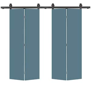 30 in. x 80 in. Dignity Blue Smooth Flush Hardboard Hollow Core Composite Bi-Fold Barn Door with Sliding Hardware Kit