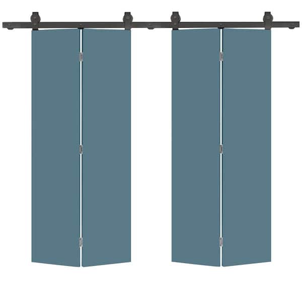 CALHOME 30 in. x 80 in. Dignity Blue Smooth Flush Hardboard Hollow Core Composite Bi-Fold Barn Door with Sliding Hardware Kit