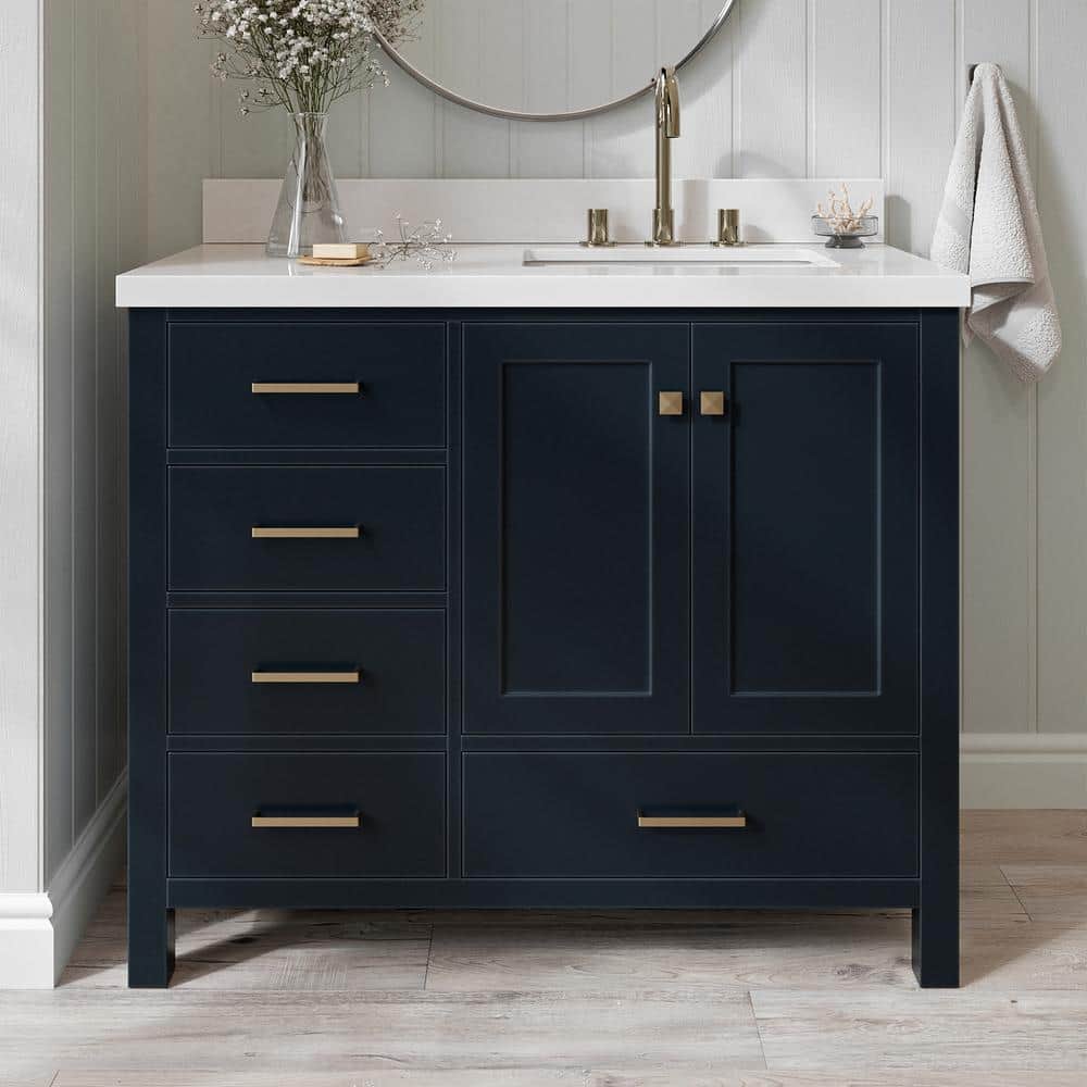 Midnight Blue 43" Freestanding Vanity with White Quartz Top