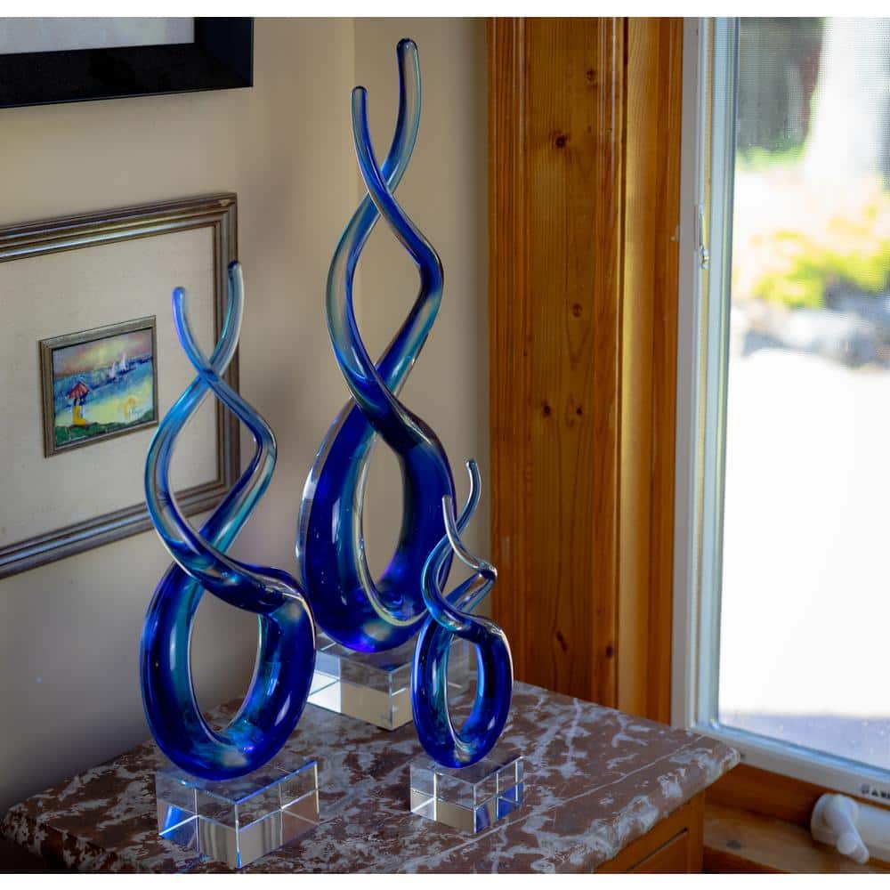 14" Blue Murano Style Handcrafted Glass Centerpiece with Crystal Base
