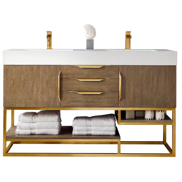 James Martin Vanities Columbia 59.0 in. W x 19.5 in. D x 36 in. H Double Bathroom Vanity in Latte Oak with Glossy White Composite Stone Top