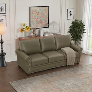 82.7 in. Round Arm Faux Leather Rectangle Storage Nails Sofa in. Greenish Grey