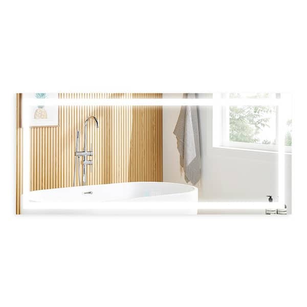 HBEZON 84 in. W x 48 in. H Large Rectangular Frameless Anti-Fog Dimmable Wall Bathroom Vanity Mirror in Silver