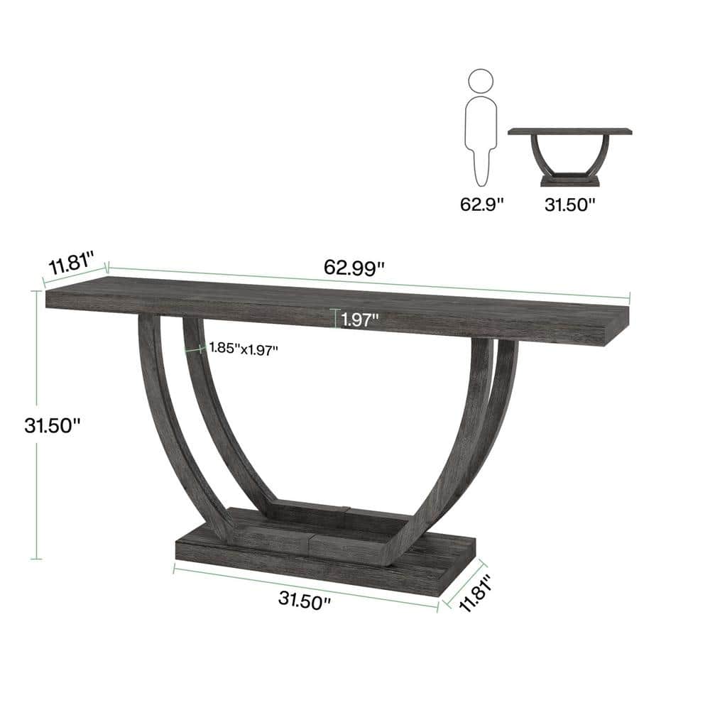 Gray 63-Inch Farmhouse Wood and Metal Console Table with Storage