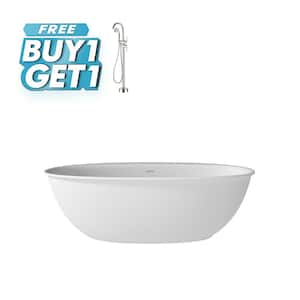 63 in. Stone Resin Flatbottom Solid Surface Freestanding Soaking Bathtub in White with Brass Drain and Towel Bar