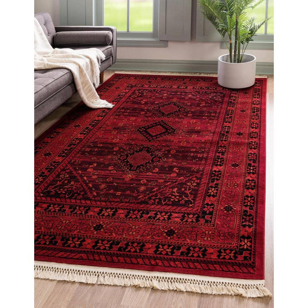 Red Geometric Synthetic 5' x 8' Stain-Resistant Area Rug