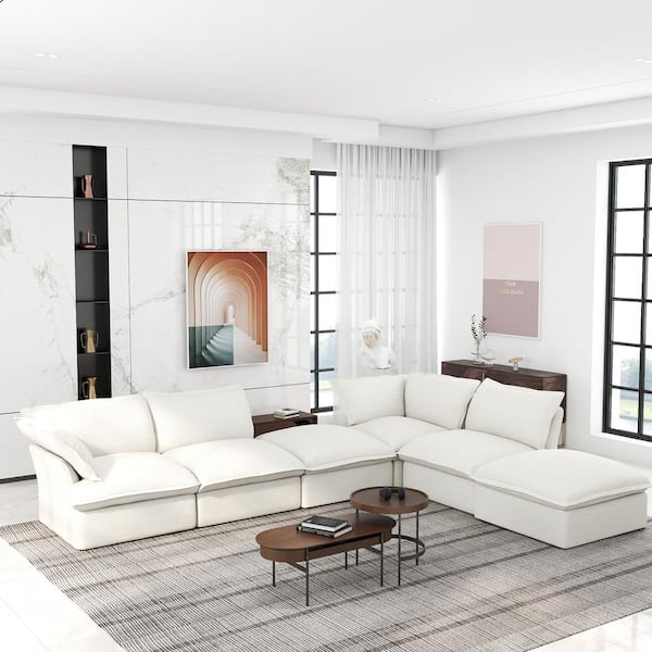 163 in. Flared Arm 6-Piece Linen Overstuffed Cloud Couch Pine Wood U-Shaped Sectional Sofa in White with Storage Ottoman
