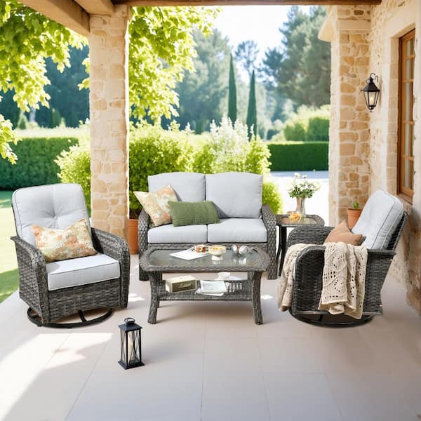 Perpetual 5 Pieces Wicker Outdoor Patio and Swivel Rocking Chairs with Gray Cushions