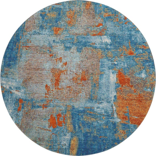 Mayfield Premium Machine Washable Abstract AMF989 Navy 8 ft. x 8 ft. Round Rug
