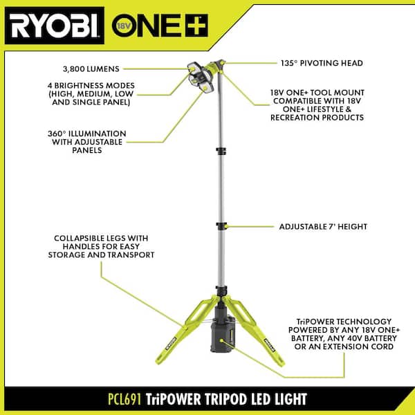 RYOBI Hybrid Tri-Power Tripod Light with ONE+ 18V HIGH PERFORMANCE