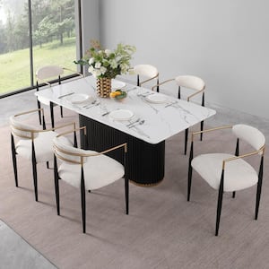 Modern 7-Piece Faux Marble Dining Table Top with Boucle Chairs in White Dining Room Set for Kitchen