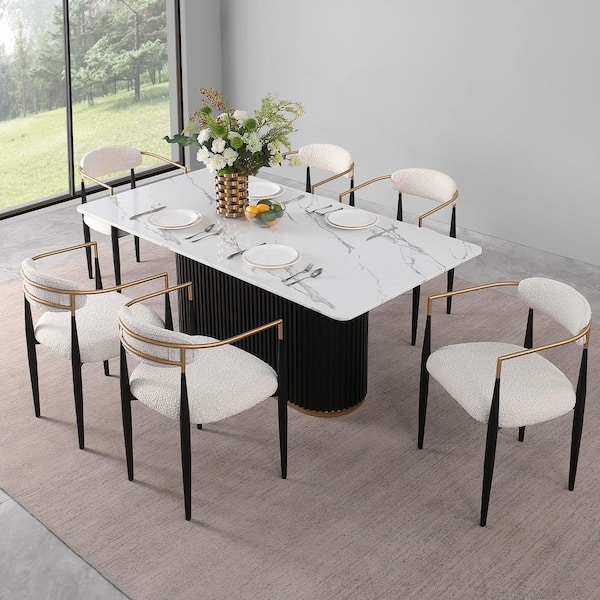 Morden Fort Modern 7-Piece Faux Marble Dining Table Top with Boucle Chairs in White Dining Room Set for Kitchen
