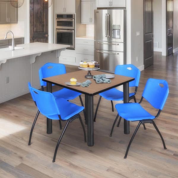 Kee 42 in. Noble Oak Square Breakroom Table Desk and 4 'M' Stack Chairs-Blue
