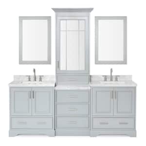 Stafford 85 in. W x 22 in. D x 89 in. H Double Bath Vanity in Grey with White Carrara Marble Tops and Mirrors