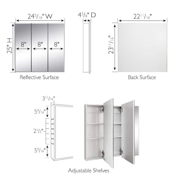 Cyprus 25.1 in. W x 24.5 in. H Assembled Frameless Tri-View Recessed/Surface Mount Medicine Cabinet with Mirrors