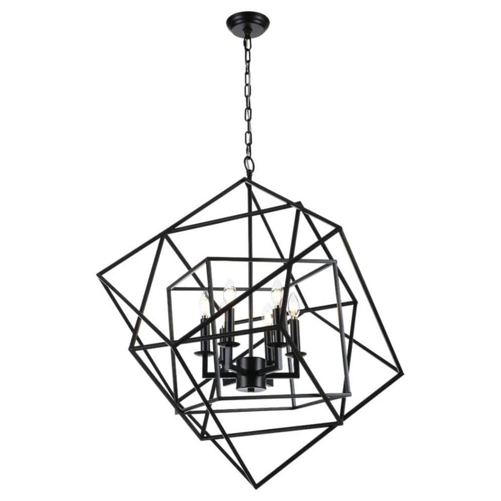 Juillac 6-Light Black Geometric Chandelier Minimalist Scifi Cube for High C