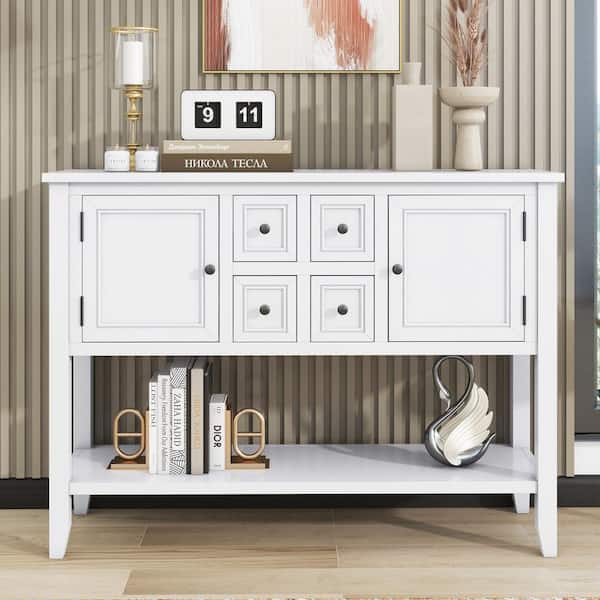 Harper & Bright Designs Cambridge Series 46 in. White Rectangle MDF Console Table with 2-Cabinets, 4-Small Drawers, Bottom Shelf