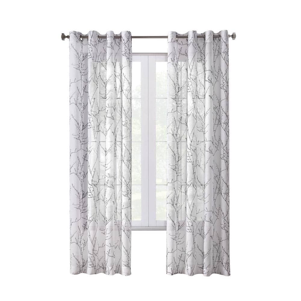 White Polyester Light Filtering Grommet Curtain Panel with Branch Motif