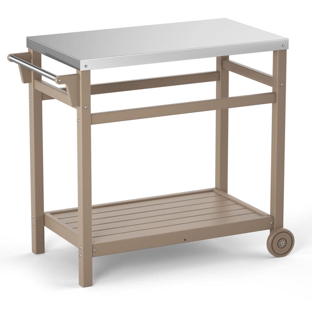 Natural Outdoor Grill Carts Prep Cart Dining Table Steel Tabletop with Side Rack, 1-Shlef and 2 Wheels price history on PriceWatchPro