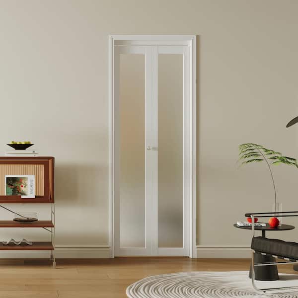 60 in. x 80 in. Frosted Glass, Solid Core, White, 10-Lite, MDF Wood, PVC Covering Bi-Fold Doors with Hardware Kits