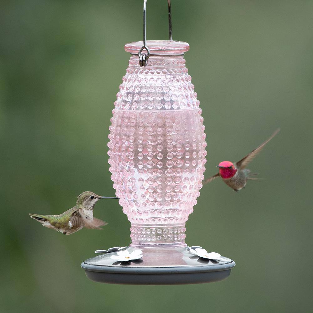 Cranberry Hobnail Glass and Metal Hummingbird Feeder