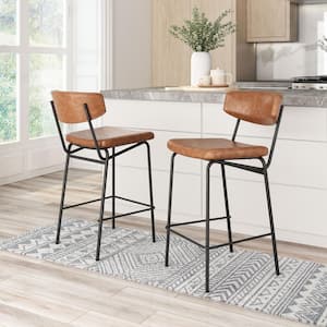 Charon 30.3 in. Open Back Brown Plywood Frame Counter Stool with Faux Leather Seat - (Set of 2)
