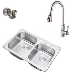 Topmount Drop-In 18-Gauge Stainless Steel 33-1/8 in. x 22 in. 3-Hole 60/40 Offset Double Bowl Kitchen Sink with Faucet