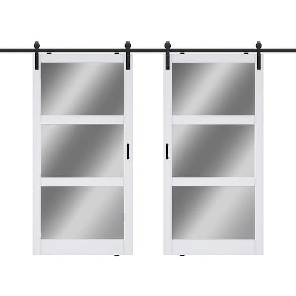 84 in. x 84 in. 3-Lite Mirrored Glass White Finished Composite MDF Barn Door Slab with Hardware Kit