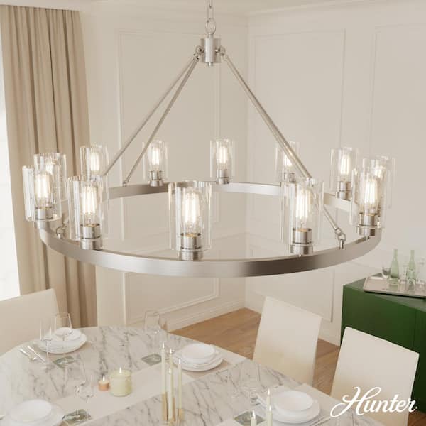 Hunter Hartland 12-Light Brushed Nickel Wagon Wheel Chandelier with Clear Seeded Glass Shades