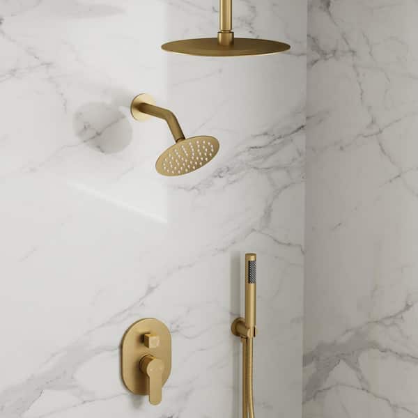 ClassicRain 10in. and 6in. 3-Spray Dual Ceiling Mount Fixed and Handheld Shower Head 2.5 GPM in Brushed Gold with Valve