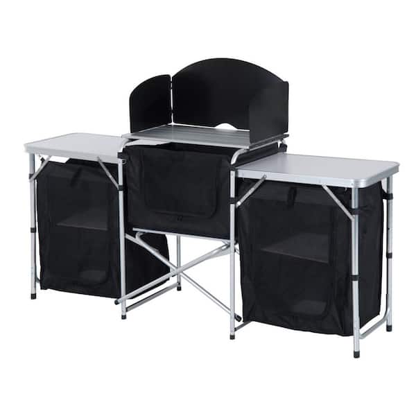 Otryad 68.5 in. Black Rectangle Metal Picnic Table Portable Camping Fold-Up Cooking Table w/ Windscreen and 3-Enclosed Cupboard