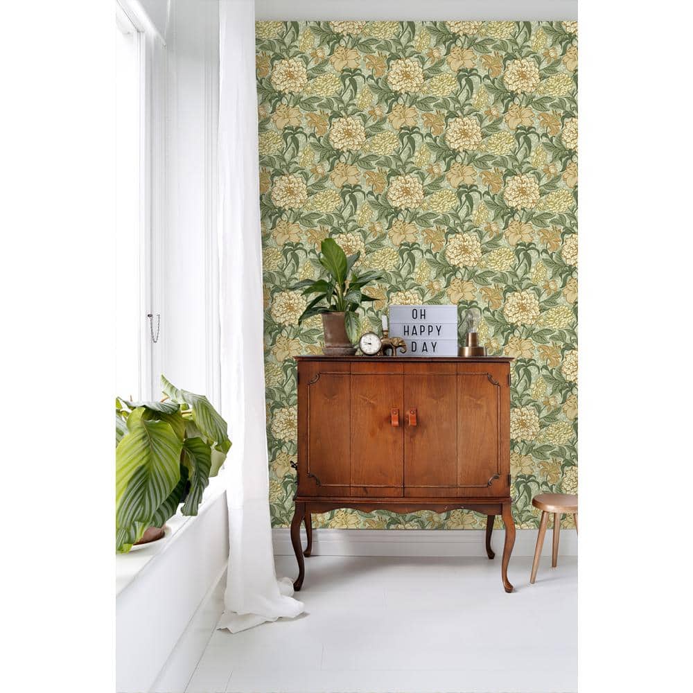 Persephone Golden Yellow and Pale Green Floral Wallpaper