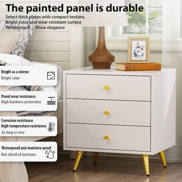 FUFU&GAGA 3-Drawer White Nightstands With Metal Legs, Side FUFU&GAGA 3-Drawer White Nightstands With Metal Legs, Side