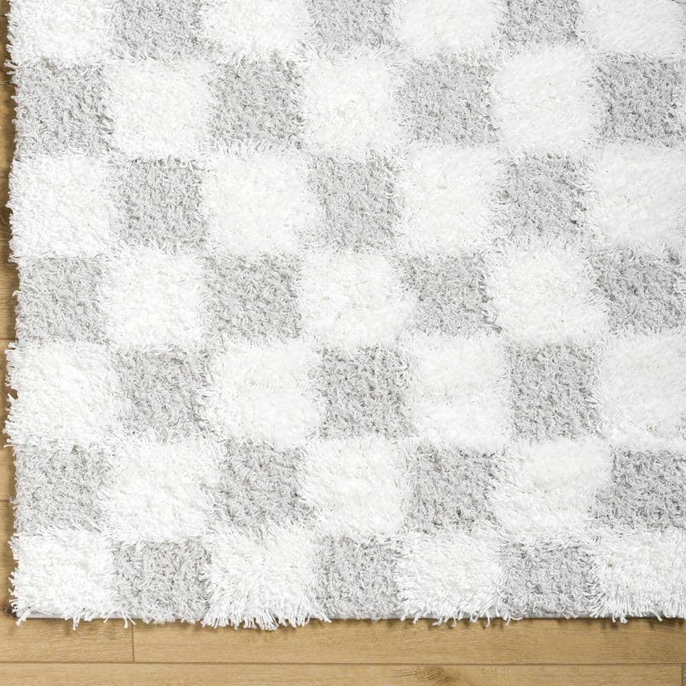 Atira Light Gray and Cream Checkered Shag Area Rug 5'3" x 7'3"