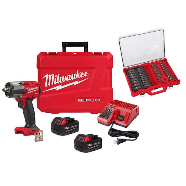 M18 FUEL 18V Lith-Ion Brushless Cordless 1/2 in. Mid-Torque Impact Wrench with Resistant Batteries & Impact Socket Set